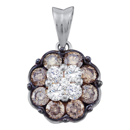 14k White Gold Round Brown Diamond Flower Cluster Pendant 1 Cttw