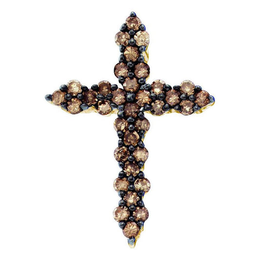 10k Yellow Gold Round Brown Diamond Cross Pendant 1/2 Cttw