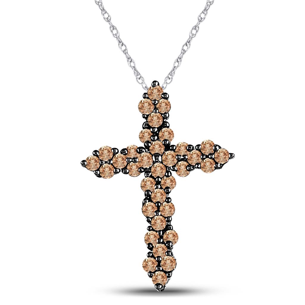 14k White Gold Round Brown Diamond Cross Pendant 1/2 Cttw