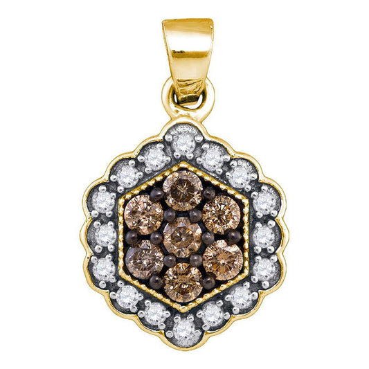 10k Yellow Gold Brown Diamond Hexagon Cluster Pendant 1/2 Cttw