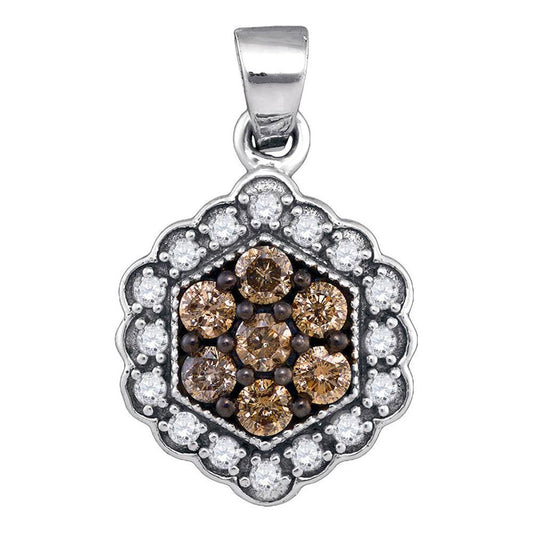 14k White Gold Brown Diamond Hexagon Cluster Pendant 1/2 Cttw