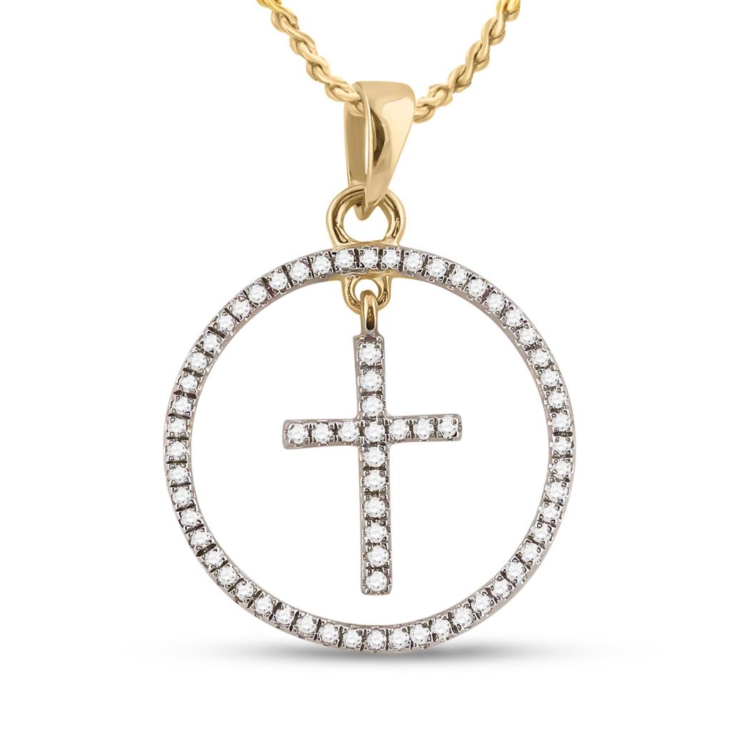 10k Yellow Gold Round Diamond Circle Cross Pendant 1/4 Cttw