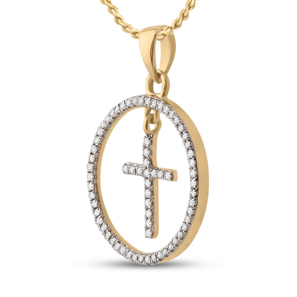 10k Yellow Gold Round Diamond Circle Cross Pendant 1/4 Cttw