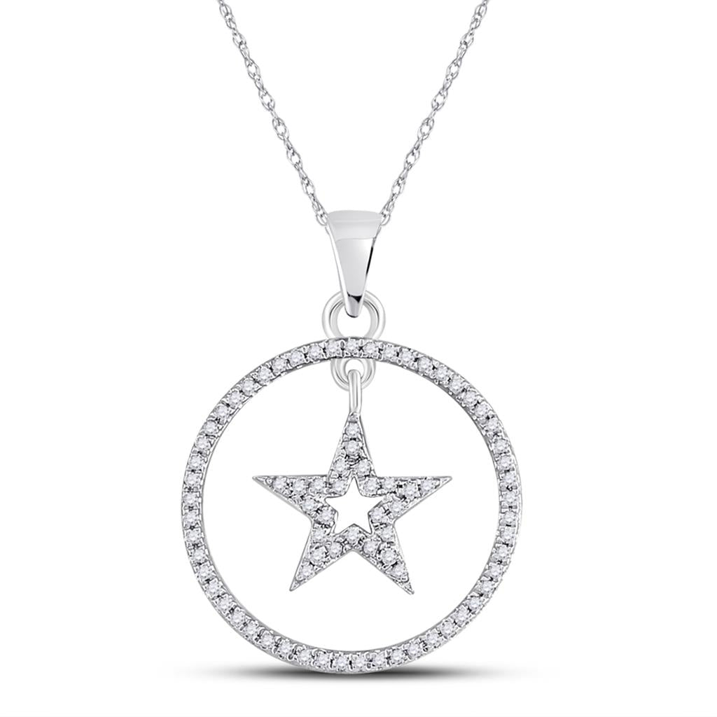 14k White Gold Round Diamond Dangling Star Circle Pendant 1/4 Cttw