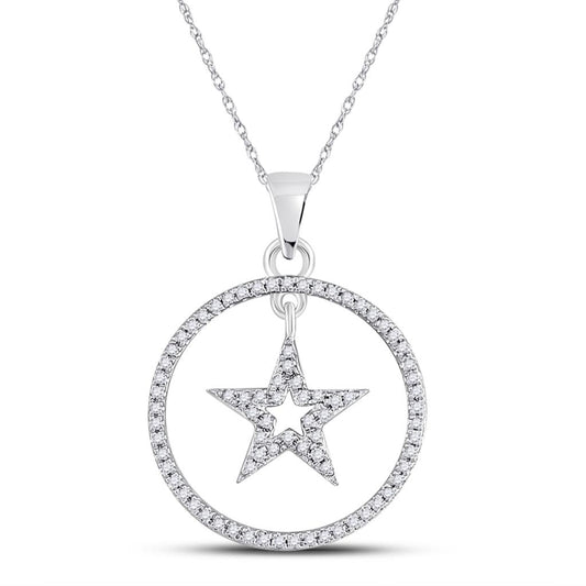 14k White Gold Round Diamond Dangling Star Circle Pendant 1/4 Cttw