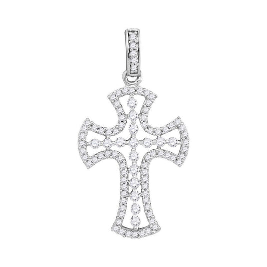 14k White Gold Round Diamond Flared Cross Pendant 1/2 Cttw