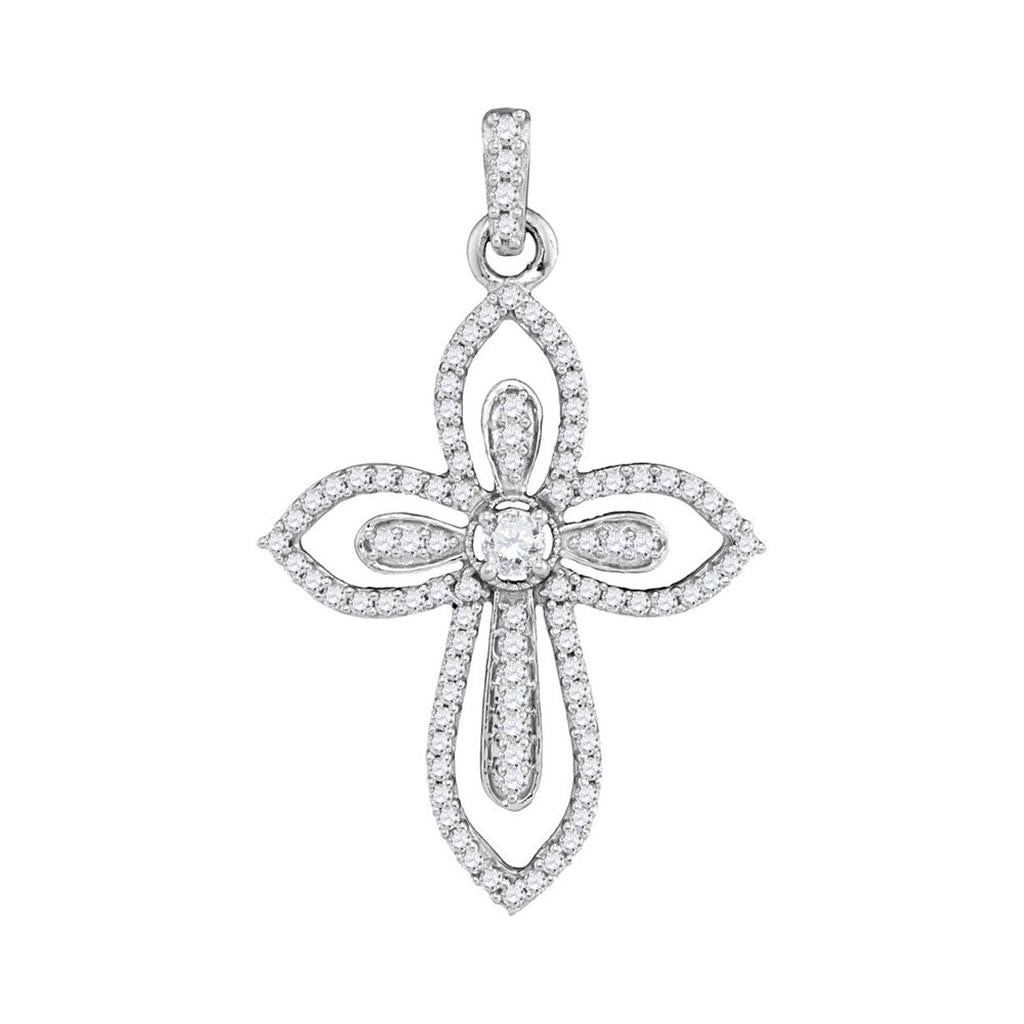 14k White Gold Round Diamond Cross Pendant 1/2 Cttw