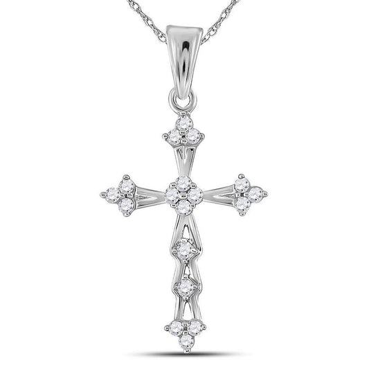 14k White Gold Round Diamond Flared Cross Pendant 1/5 Cttw