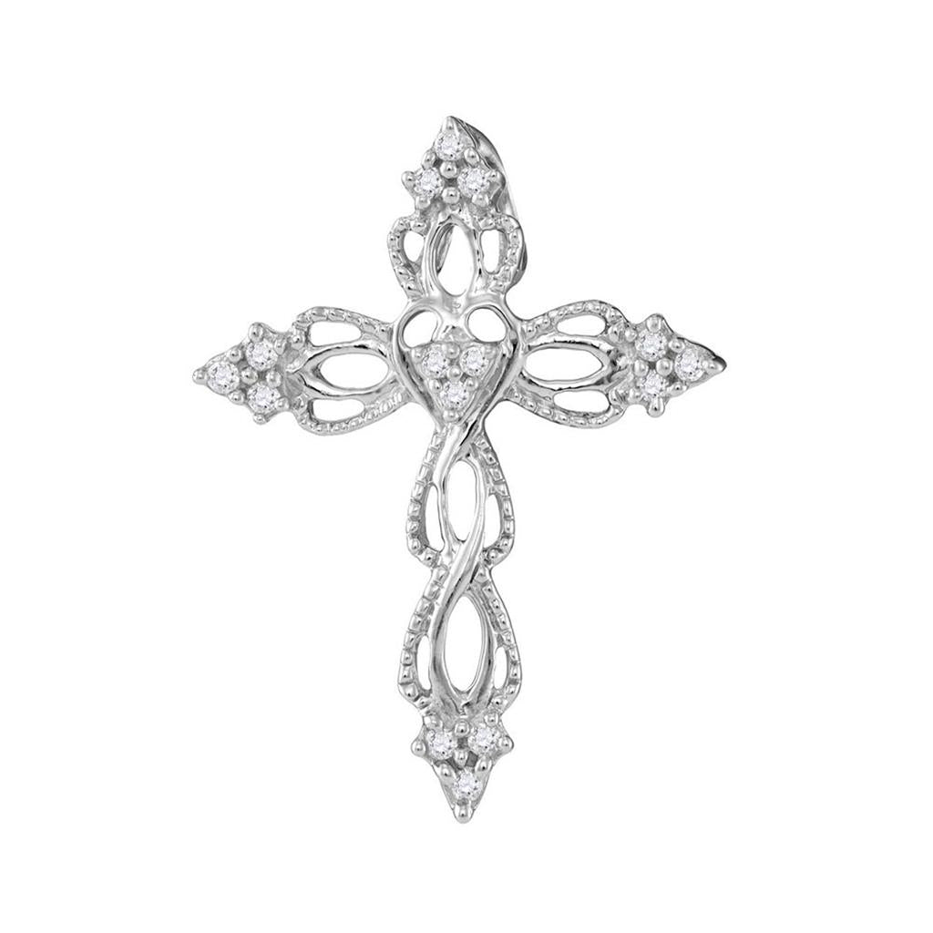 14k White Gold Round Diamond Heart Cross Religious Pendant 1/6 Cttw