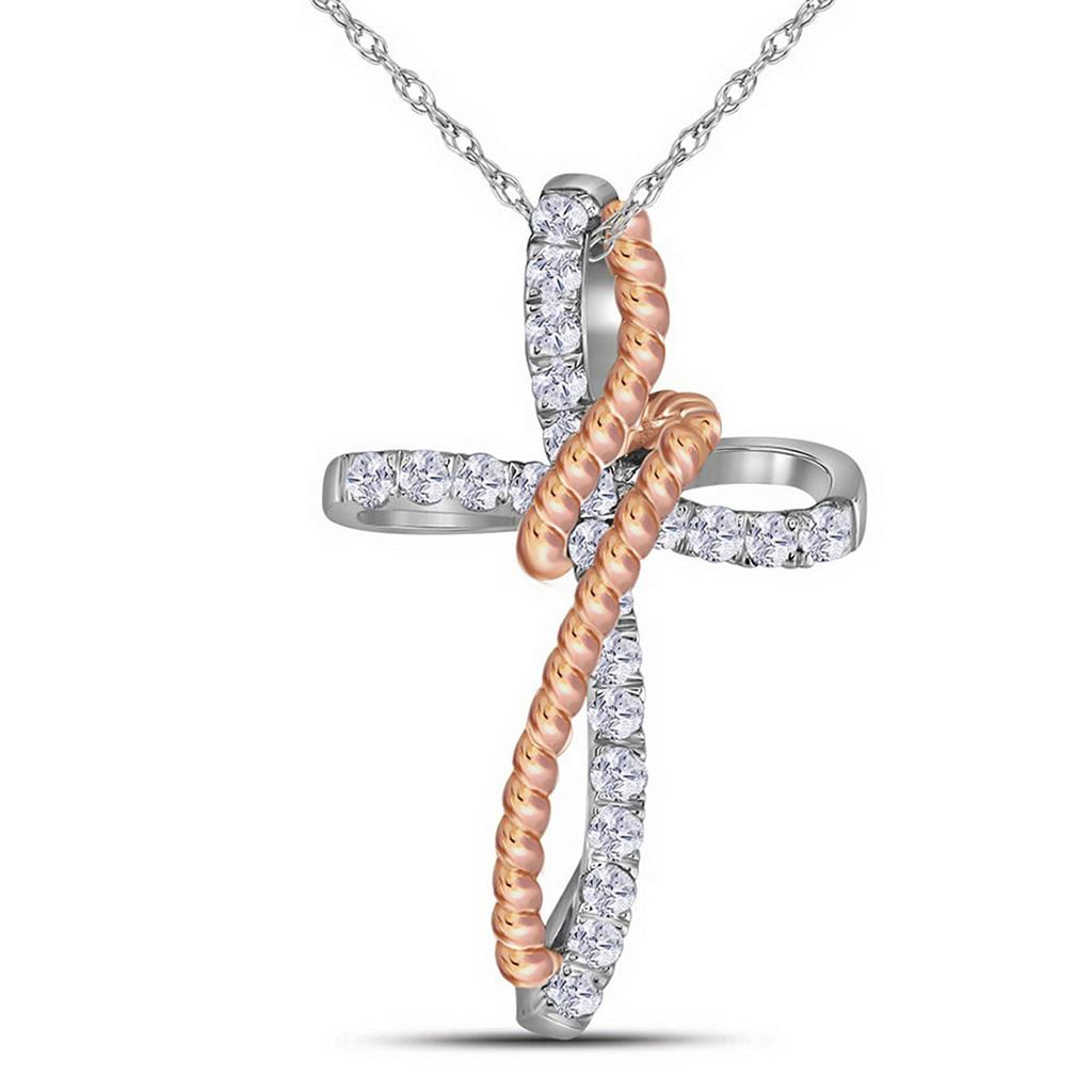 10k Two-tone Gold Round Diamond Rope Cross Pendant 1/5 Cttw