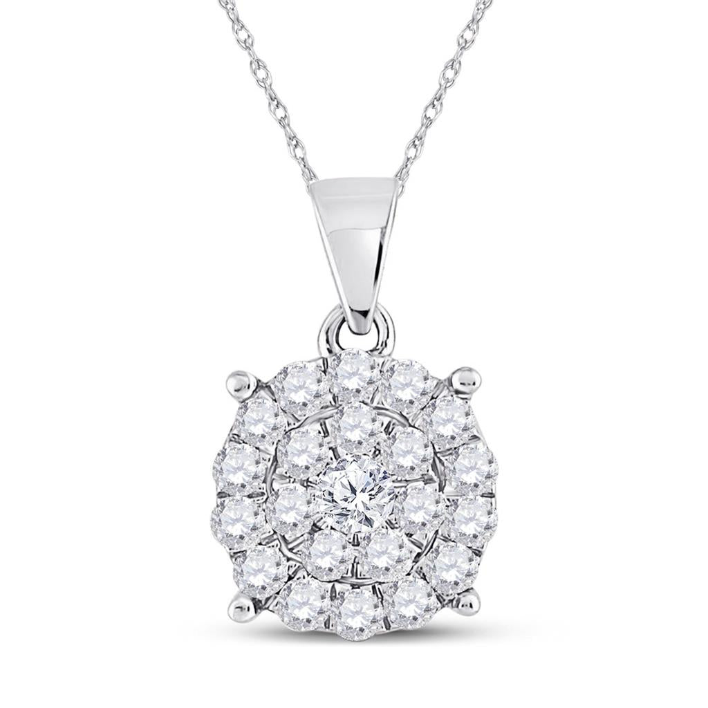 14k White Gold Round Diamond Cluster Pendant 1 Cttw