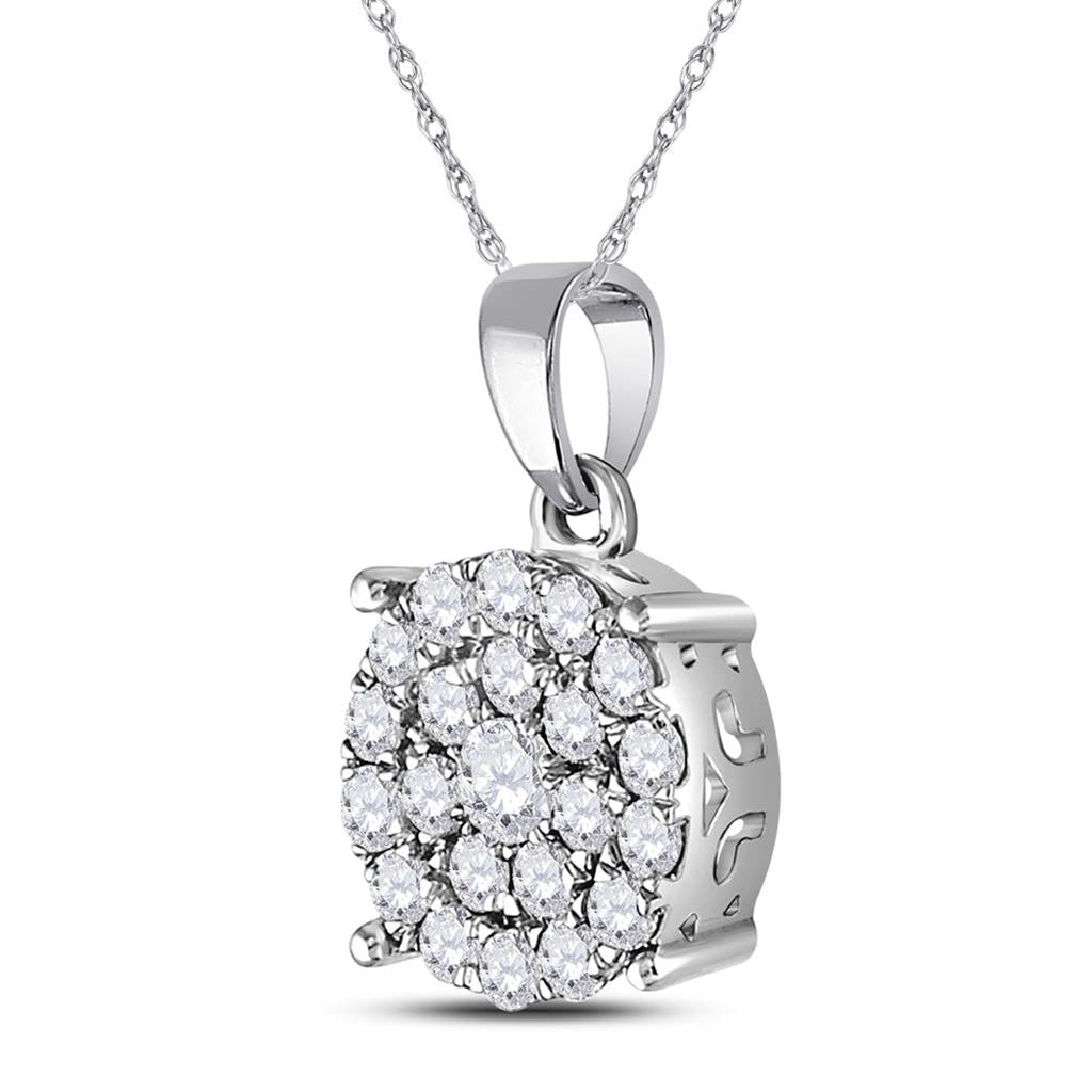 14k White Gold Round Diamond Cluster Pendant 1 Cttw