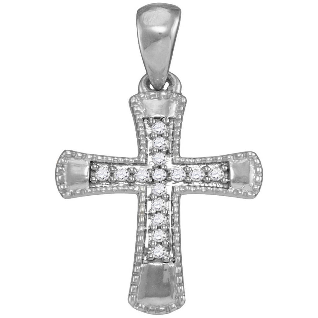 14k White Gold Round Diamond Small Flared Cross Pendant 1/10 Cttw