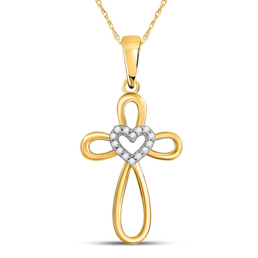 10k Yellow Gold Round Diamond Heart Cross Pendant 1/10 Cttw