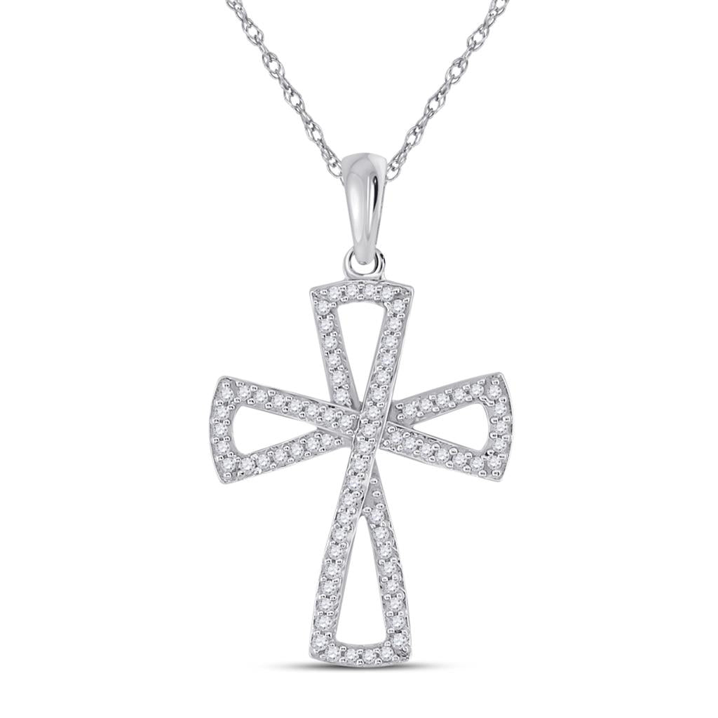 14k White Gold Round Diamond Flared Cross Pendant 1/3 Cttw