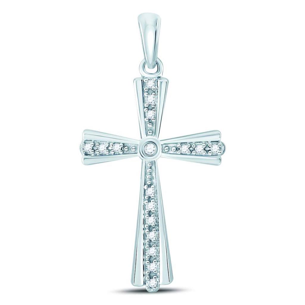 14k White Gold Round Diamond Religious Cross Pendant 1/10 Cttw