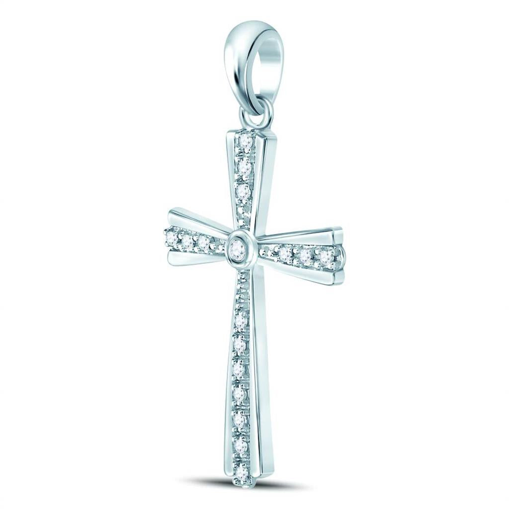 14k White Gold Round Diamond Religious Cross Pendant 1/10 Cttw