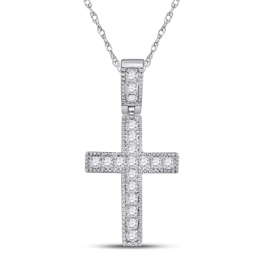 14kt White Gold Round Diamond Milgrain Cross Pendant 1/5 Cttw