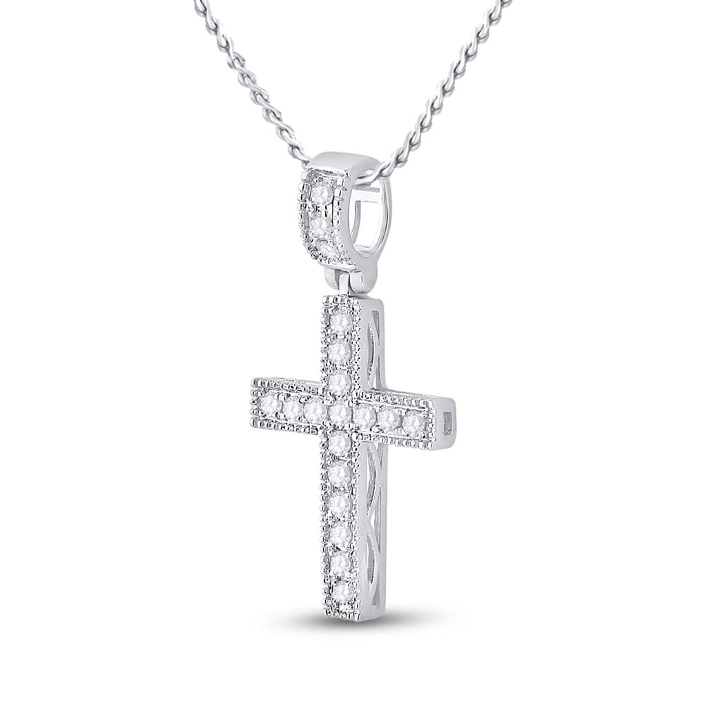 14kt White Gold Round Diamond Milgrain Cross Pendant 1/5 Cttw