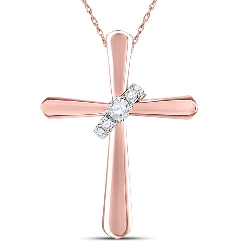 14k Rose Gold Round Diamond Cross Pendant 1/10 Cttw