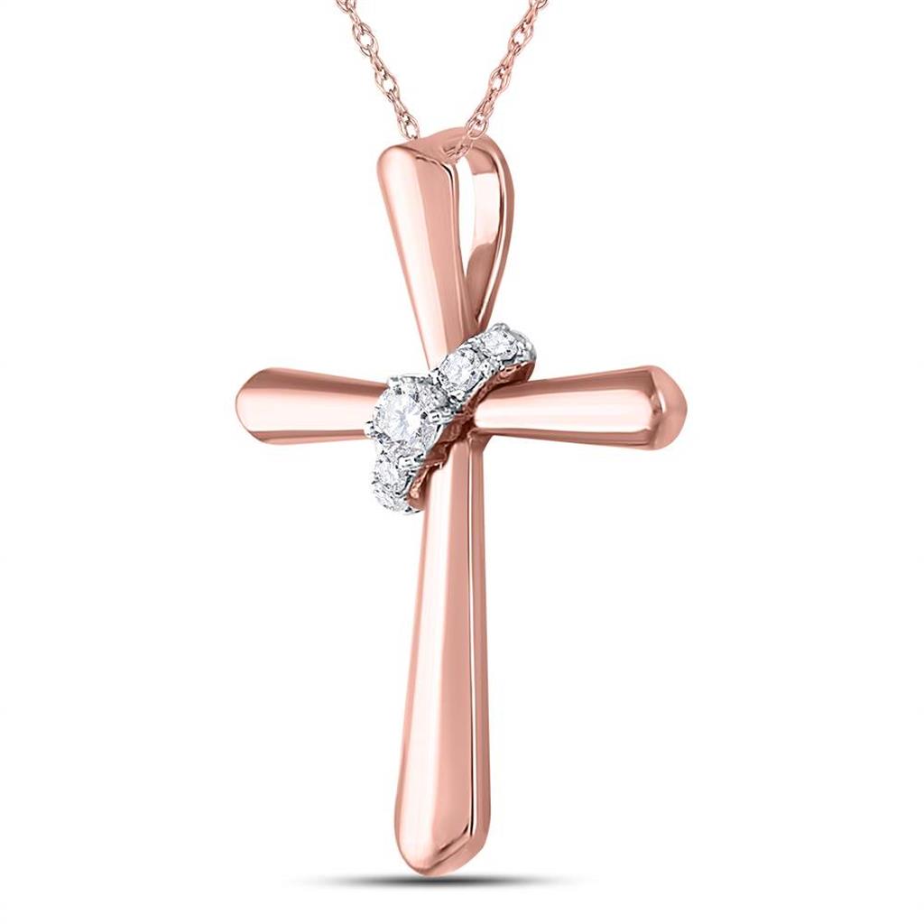 14k Rose Gold Round Diamond Cross Pendant 1/10 Cttw