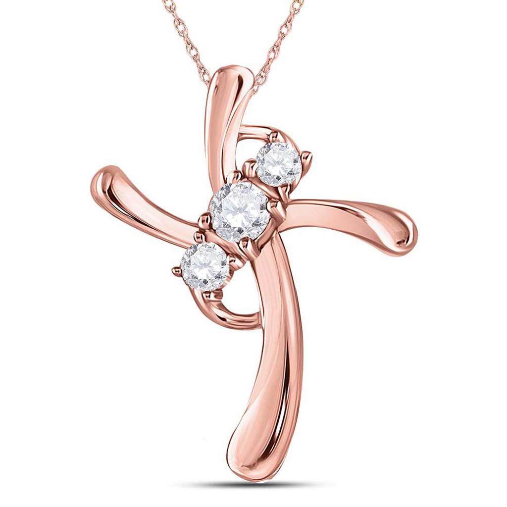 14kt Rose Gold Round Diamond 3-Stone Cross Pendant 1/8 Cttw