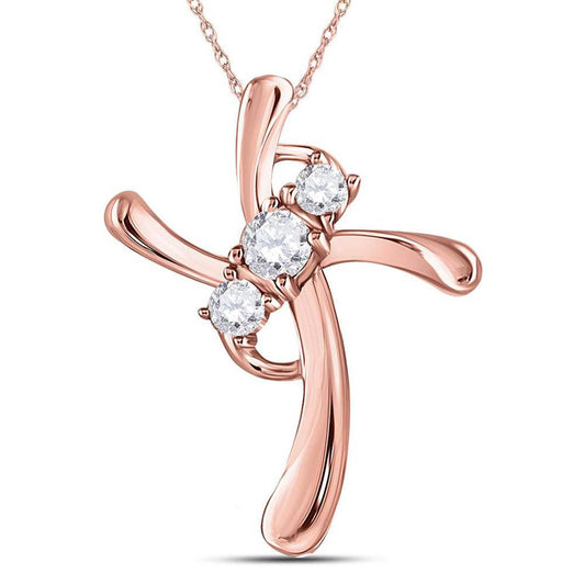 14kt Rose Gold Round Diamond 3-Stone Cross Pendant 1/8 Cttw