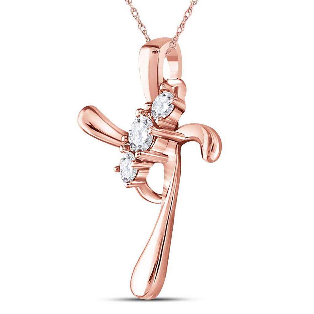 14kt Rose Gold Round Diamond 3-Stone Cross Pendant 1/8 Cttw