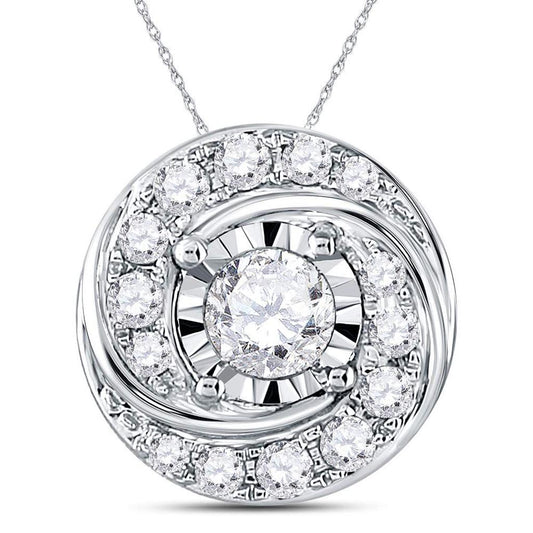 14k White Gold Round Diamond Swirl Solitaire Pendant 1/2 Cttw