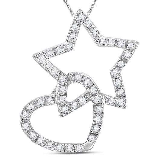 14k White Gold Round Diamond Linked Star Heart Pendant 1/8 Cttw