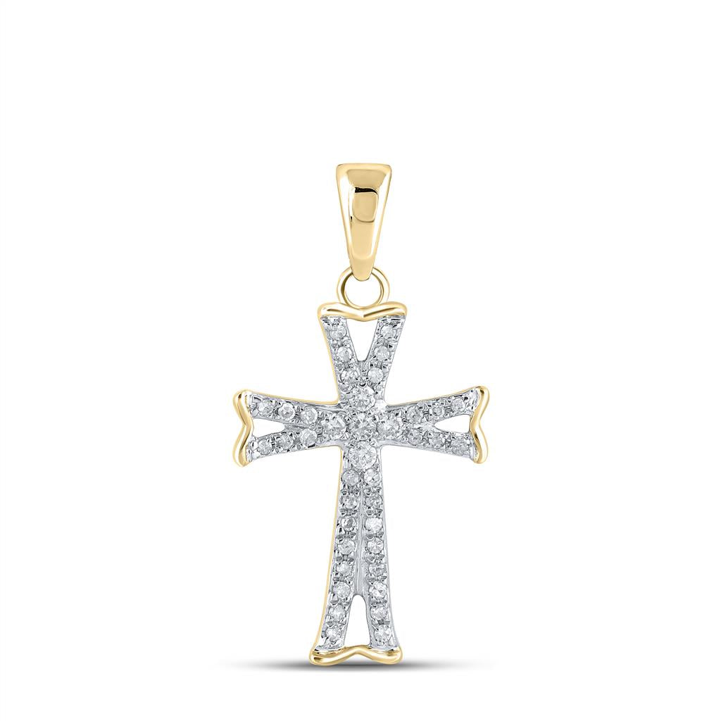 14k Yellow Gold Round Diamond Flared Cross Pendant 1/8 Cttw