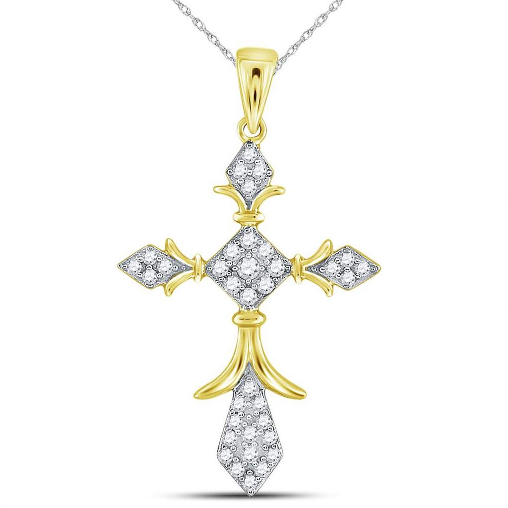 14k Yellow Gold Round Diamond Fleur Cross Pendant 1/4 Cttw