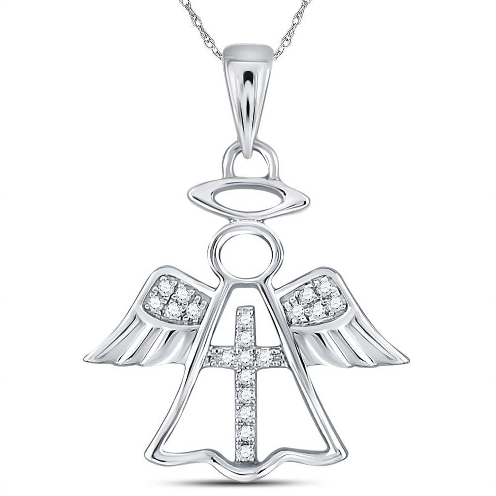 14k White Gold Round Diamond Angel Cross Religious Pendant 1/20 Cttw