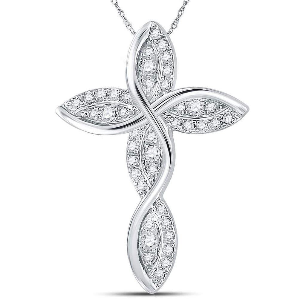 14k White Gold Round Diamond Contoured Wavy Cross Pendant 1/6 Cttw