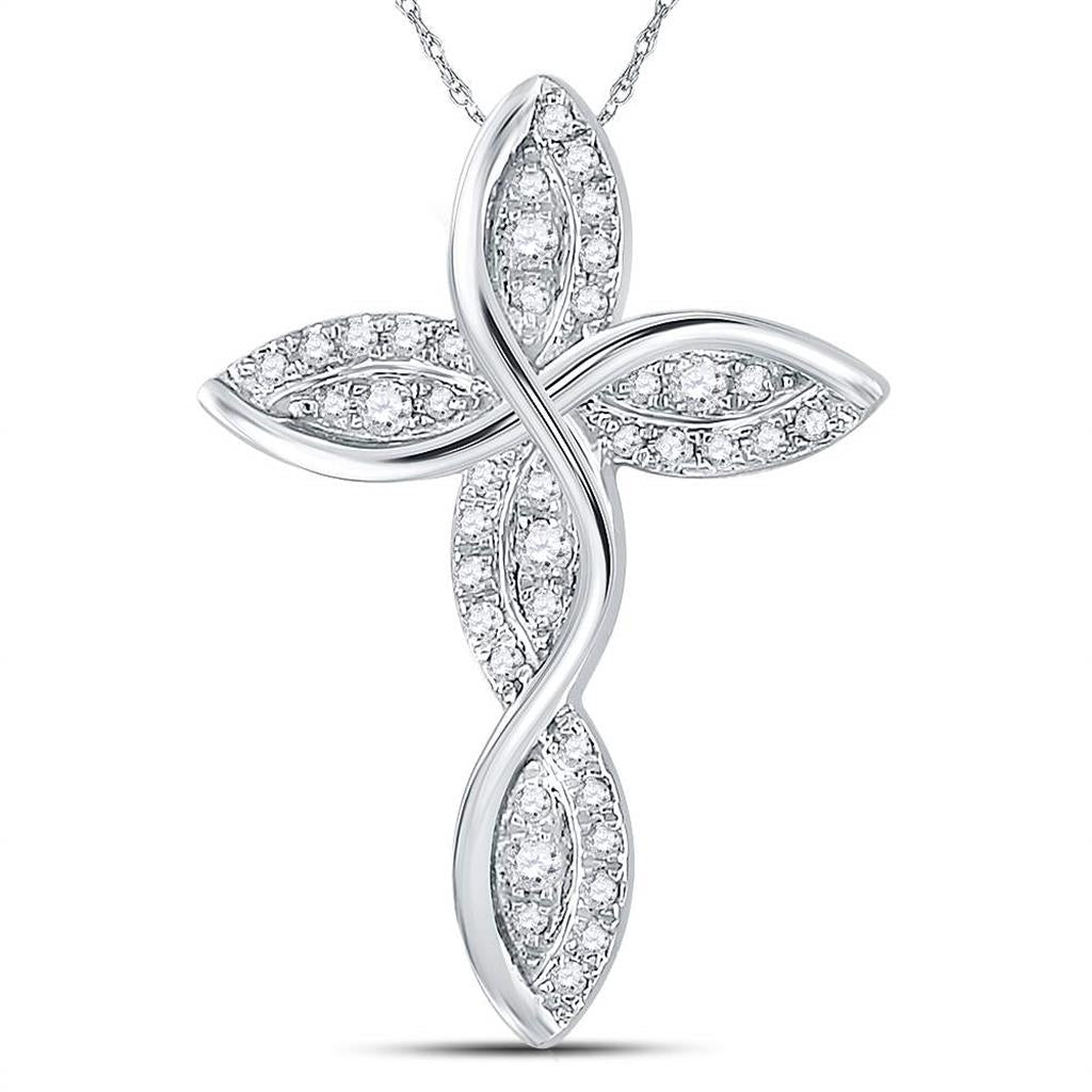 14k White Gold Round Diamond Contoured Wavy Cross Pendant 1/6 Cttw