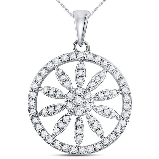 14k White Gold Round Diamond Starburst Flower Circle Pendant 5/8 Cttw