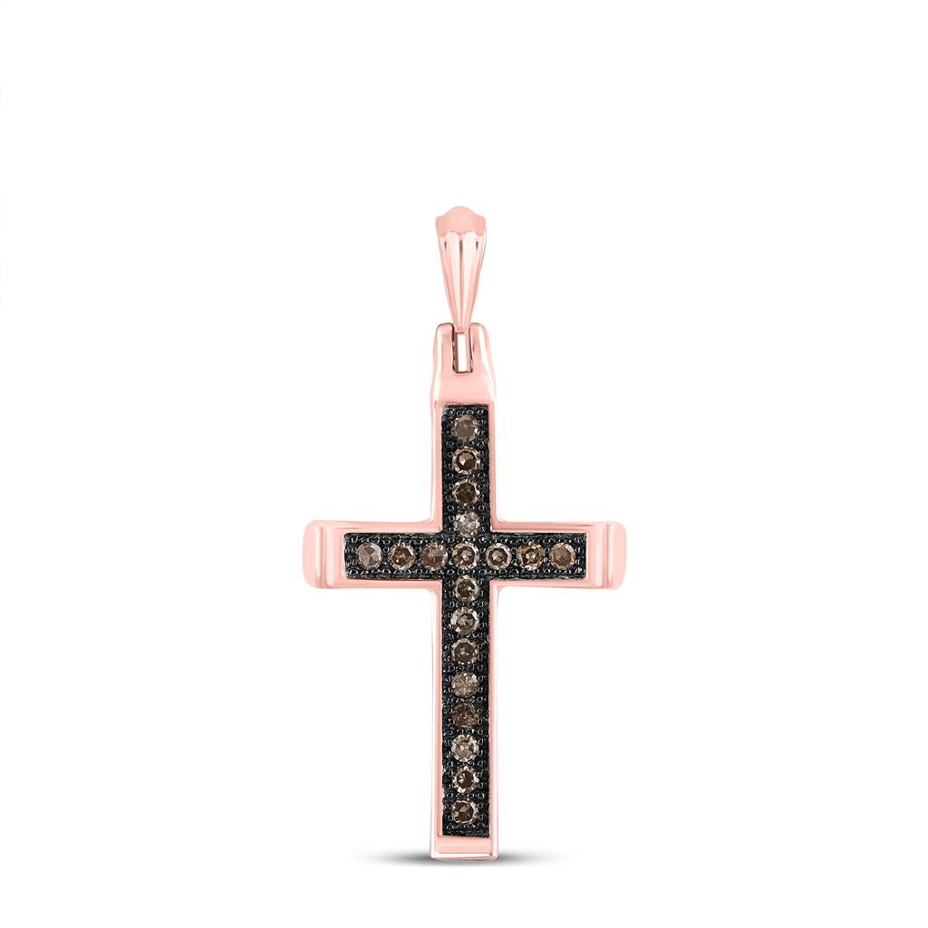 14k Rose Gold Round Brown Diamond Cross Pendant 1/10 Cttw