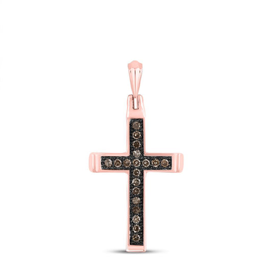 14k Rose Gold Round Brown Diamond Cross Pendant 1/10 Cttw