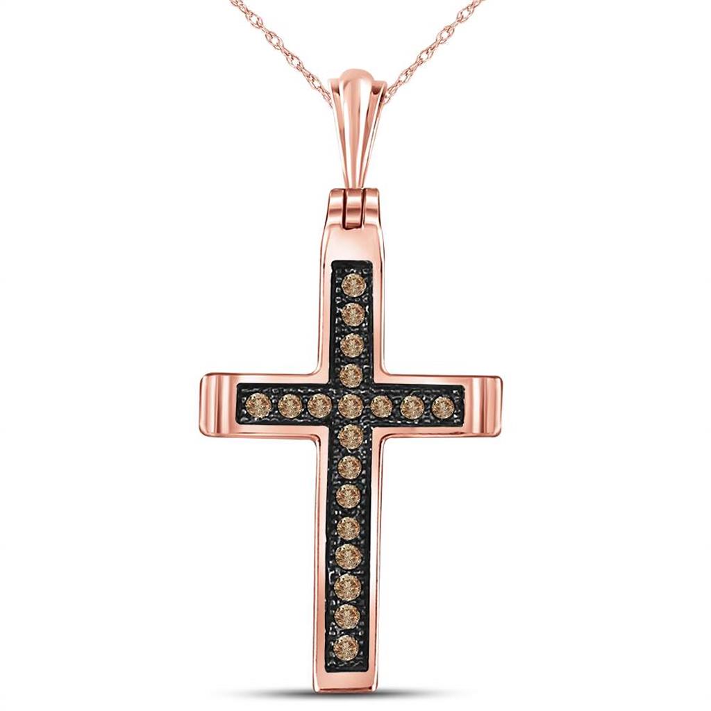 14k Rose Gold Round Brown Diamond Cross Pendant 1/10 Cttw