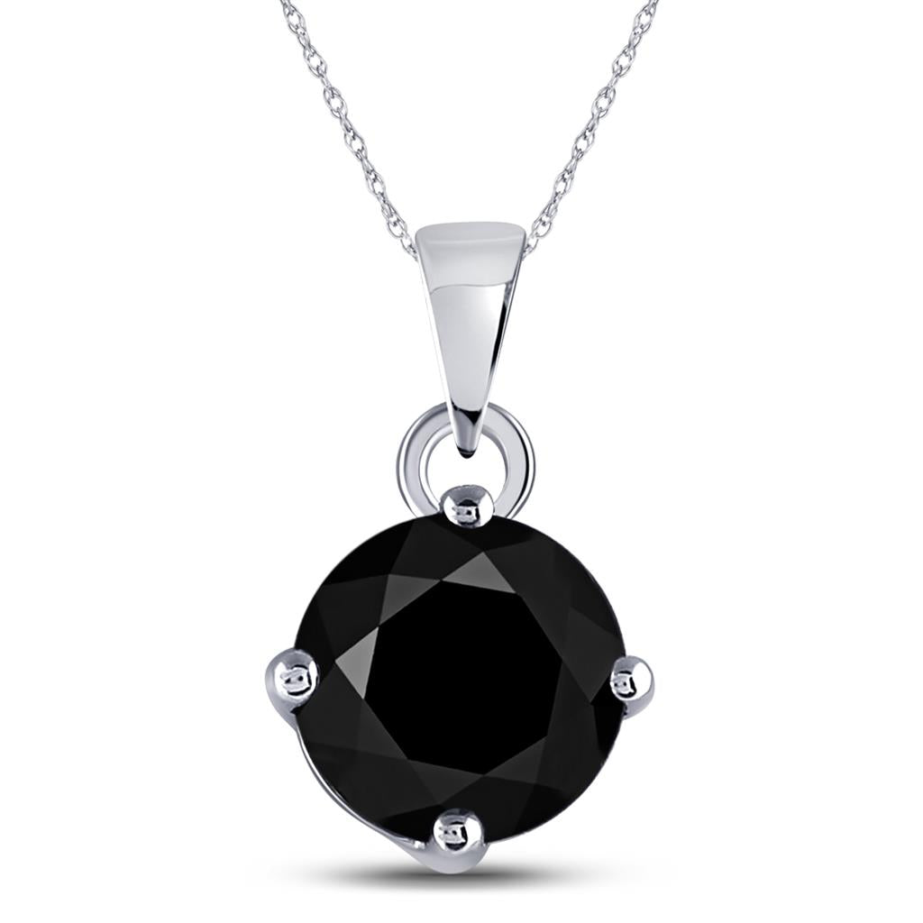 14k White Gold Round Black Diamond Solitaire Pendant 2-1/2 Cttw