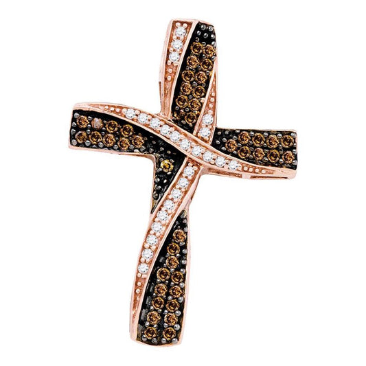 10k Rose Gold Round Brown Diamond Cross Pendant 1/2 Cttw