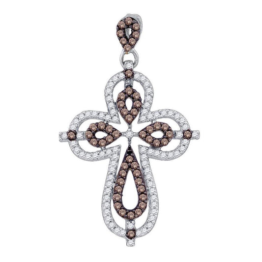 14k White Gold Round Brown Diamond Cross Pendant 1/2 Cttw