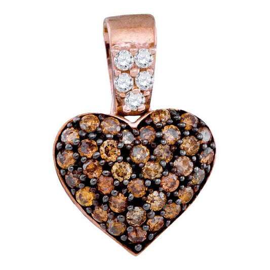 10k Rose Gold Brown Round Cluster Diamond Heart Pendant 3/8 Cttw