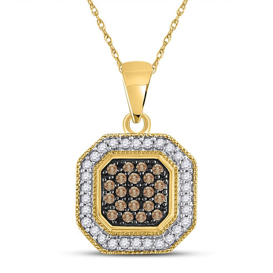 10k Yellow Gold Brown Diamond Octagon Cluster Pendant 1/3 Cttw