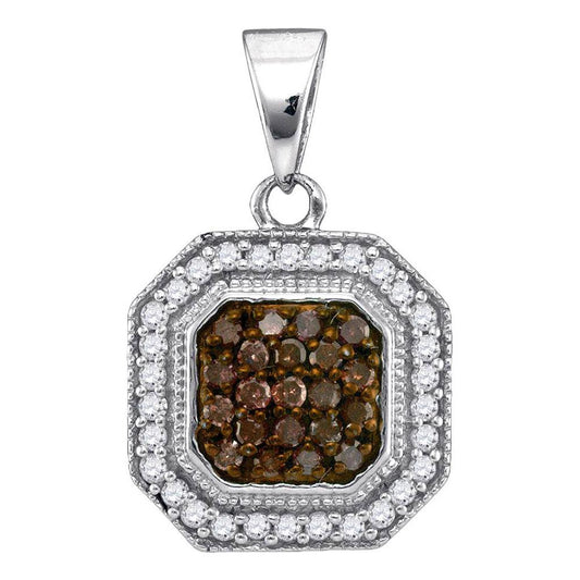 14k White Gold Brown Diamond Octagon Cluster Pendant 1/3 Cttw