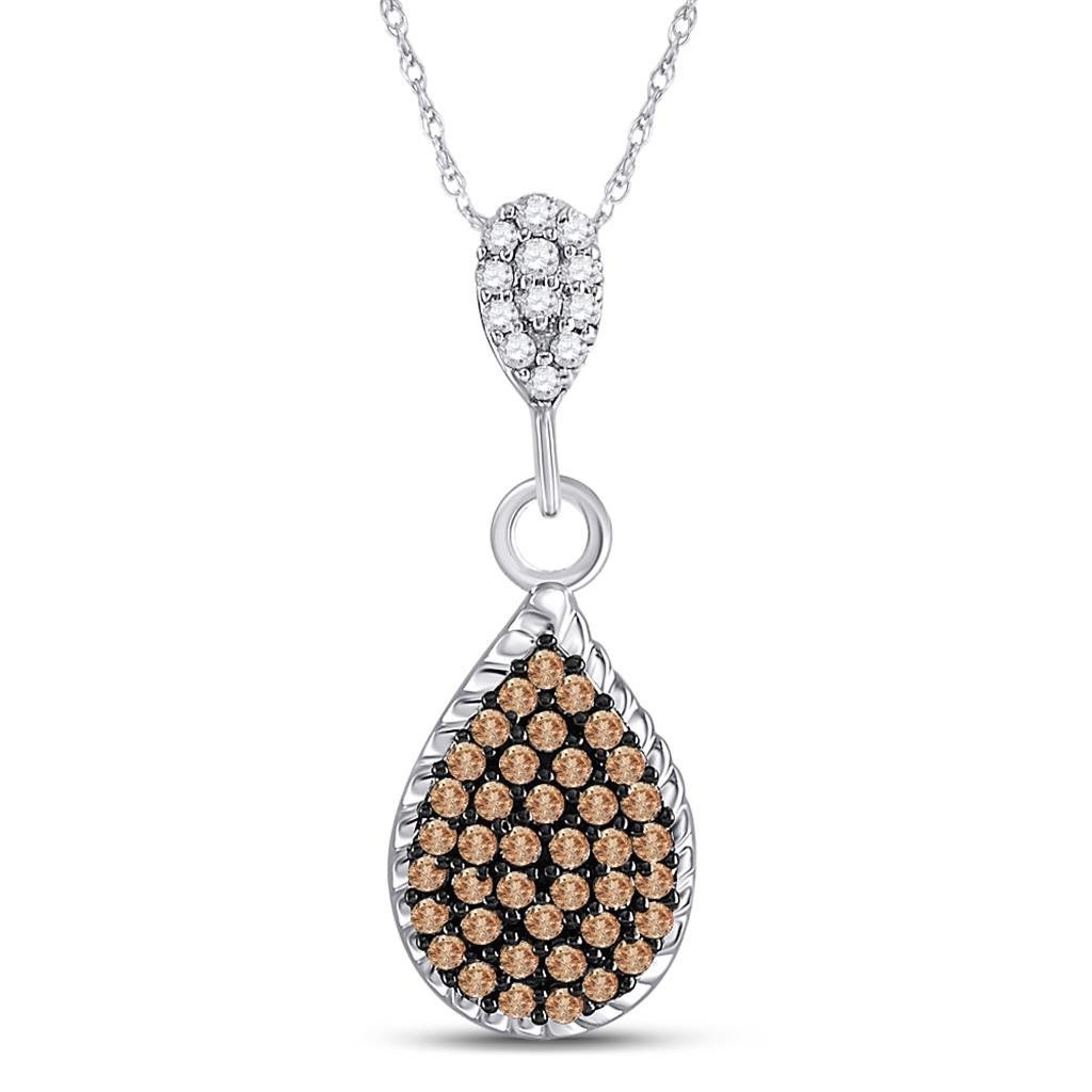 14k White Gold Brown Diamond Teardrop Cluster Pendant 1/4 Cttw