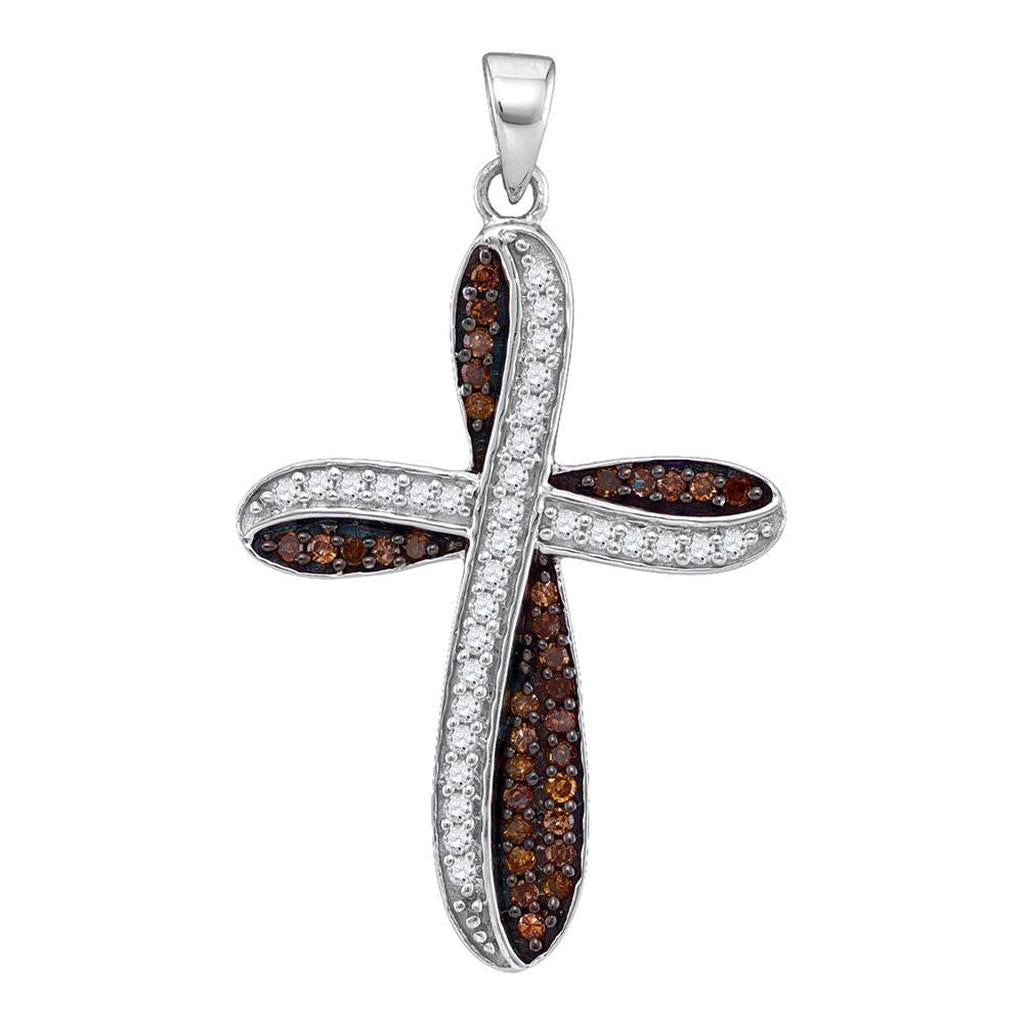 14k White Gold Round Brown Diamond Cross Pendant 1/2 Cttw