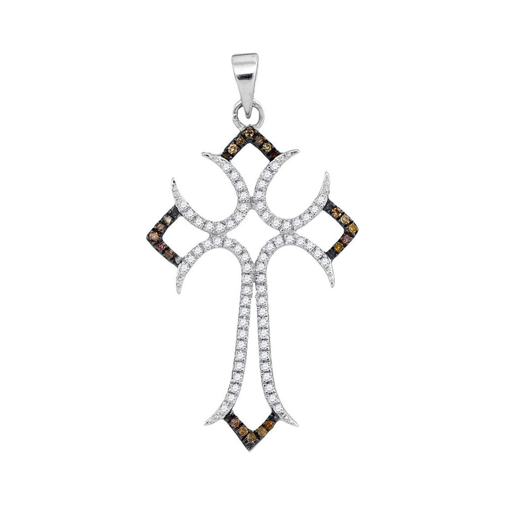 14k White Gold Round Brown Diamond Cross Pendant 1/4 Cttw