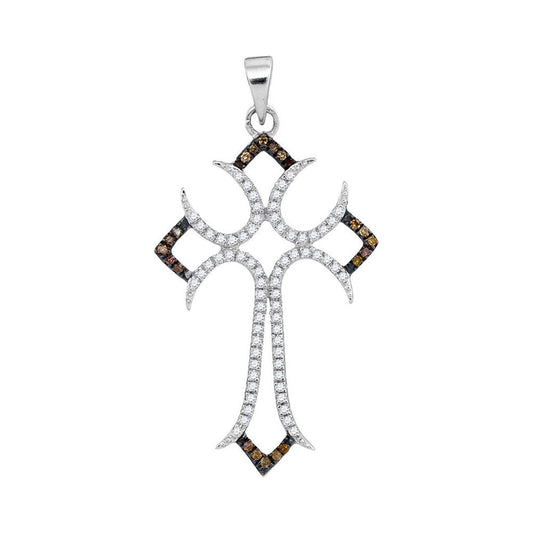 14k White Gold Round Brown Diamond Cross Pendant 1/4 Cttw