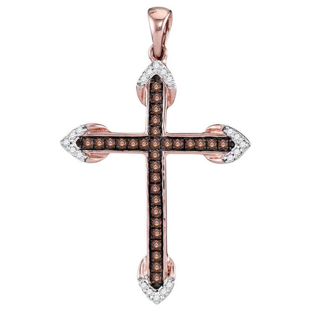 14k Rose Gold Round Brown Diamond Cross Pendant 1/4 Cttw